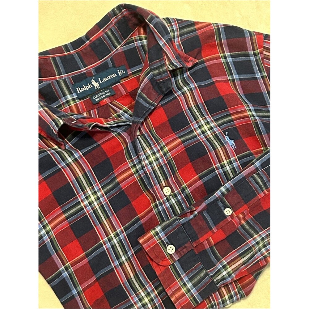 Ralph Lauren Men's Custom Fit Plaid Button Down Shirt Large Red
